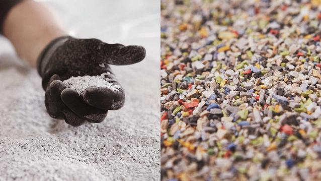 Återvinning av plastgolv, nedmalet till granulat för att bli nya golv
